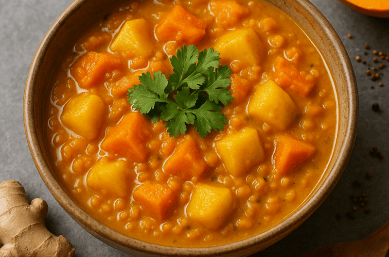 Würziges Kürbis-Kartoffel-Curry mit roten Linsen